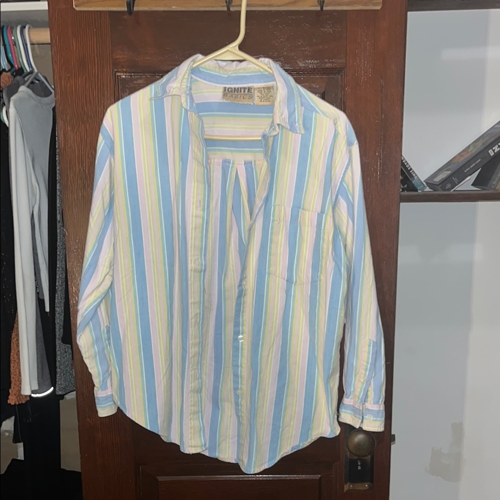 Vintage pink, Blue and Yellow Button Down Shirt with Vertical Stripes